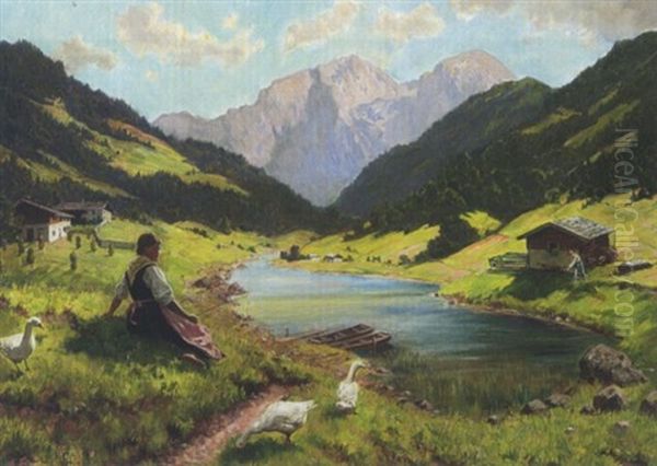 Junge Gansehirtin Am Gebirgsee Oil Painting by Emil Rau