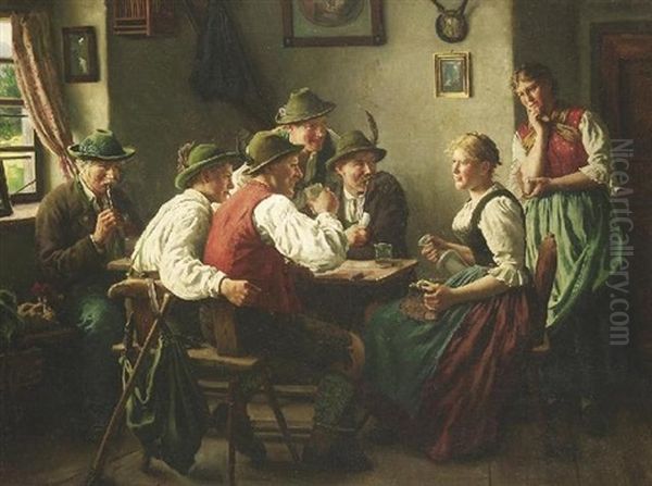 Im Wirtshaus. Jungbauern Und Die Wirtstochter Im Gesprach Oil Painting by Emil Rau