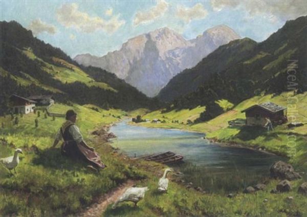 Junge Gansehirtin Am Gebirgssee Oil Painting by Emil Rau