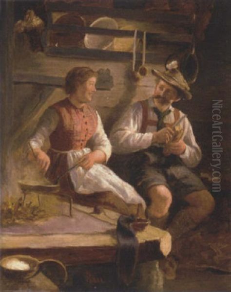 Alpenlandisches Paar In Der Kochstube Oil Painting by Emil Rau