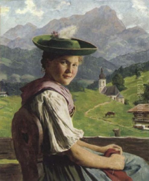 Bauernmadchen In Der Ramsau Bei Berchtesgaden Oil Painting by Emil Rau