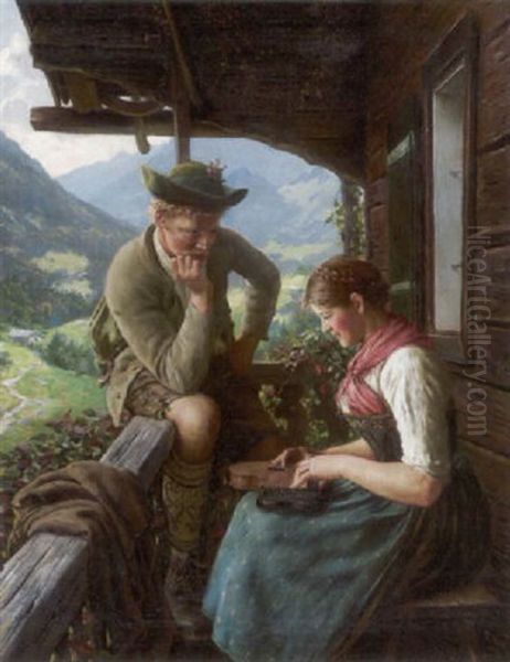 Junger Jager Und Dirndl Mit Zither Auf Der Veranda Oil Painting by Emil Rau