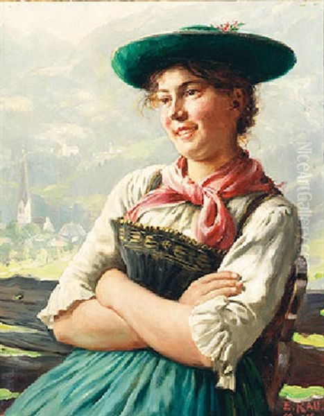 A Shepherdess Sitting In An Alpine Landscape Oil Painting by Emil Rau