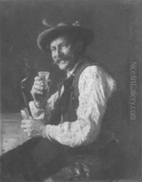 Bauernbursche In Tracht Mit Pfeife Und Schnapsglas Oil Painting by Emil Rau