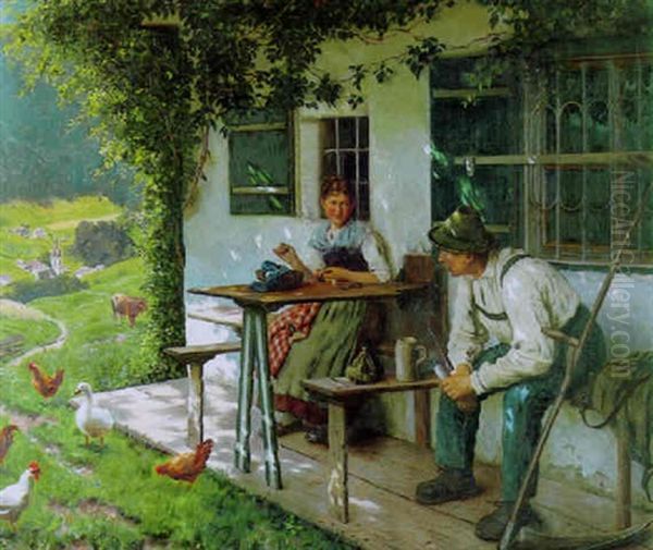 Schnitter Und Dirndl Auf Der Bank Vor Dem Bauernhaus Oil Painting by Emil Rau