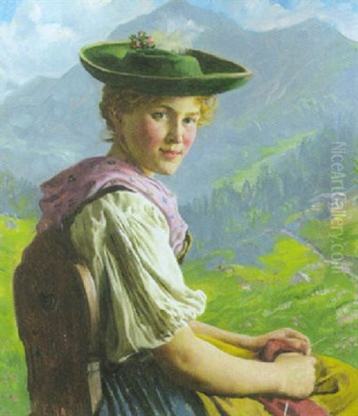 Dirndl Aus Oberbayern In Tracht, Auf Einem Stuhl Sitzend Und Den Strickstrumpf Haltend Oil Painting by Emil Rau