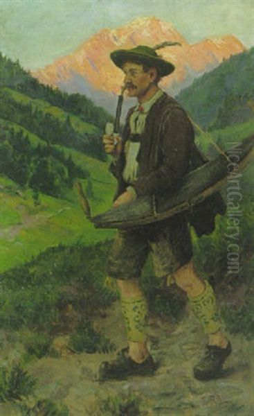 Oberbayerischer Holzarbeiter Im Gebirgstal Auf Dem Heimweg by Emil Rau