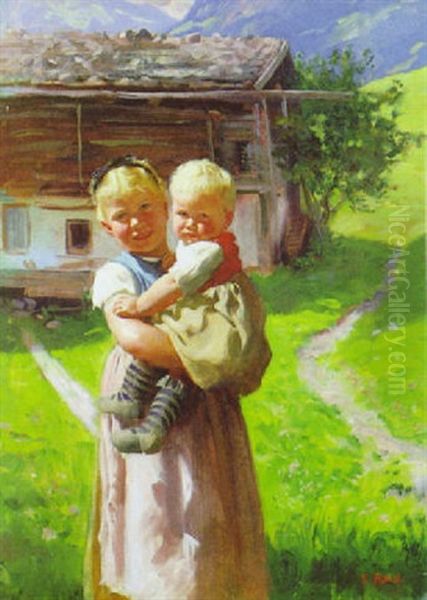 Kinder Vor Einem Gebirgsbauernhof Oil Painting by Emil Rau