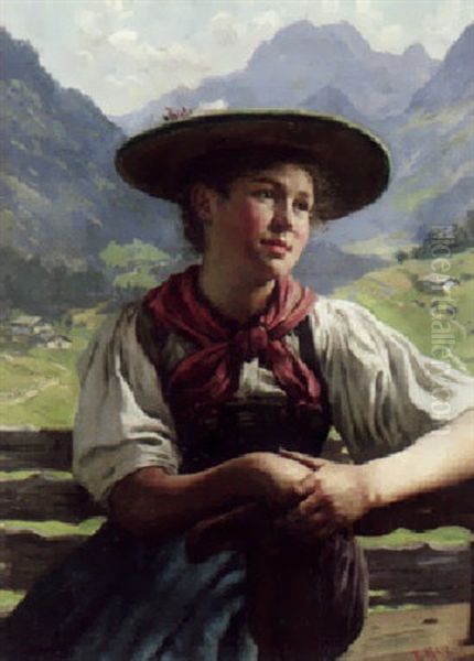 Bayrisches Dirndl Auf Einer Bank Vor Weiter Alpenlandschaft Oil Painting by Emil Rau