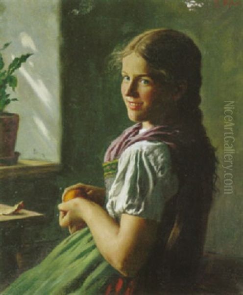 Dirndl, Am Fenster Sitzend Und Eine Apfelsine Schalend Oil Painting by Emil Rau