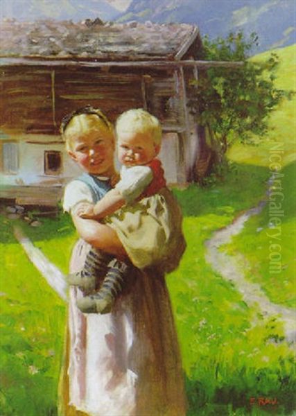 Kinder Vor Einem Gebirgsbauernhof Oil Painting by Emil Rau