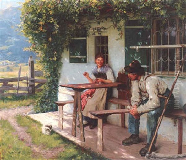 Junges Paar In Der Glyzinienpergola Oil Painting by Emil Rau