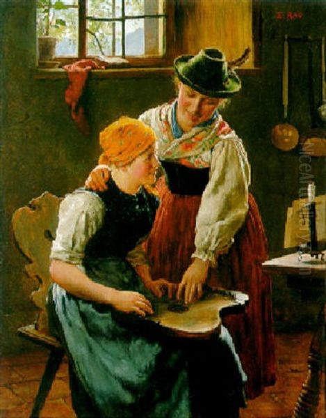 Zwei Dirndln Bei Zitherspiel Oil Painting by Emil Rau