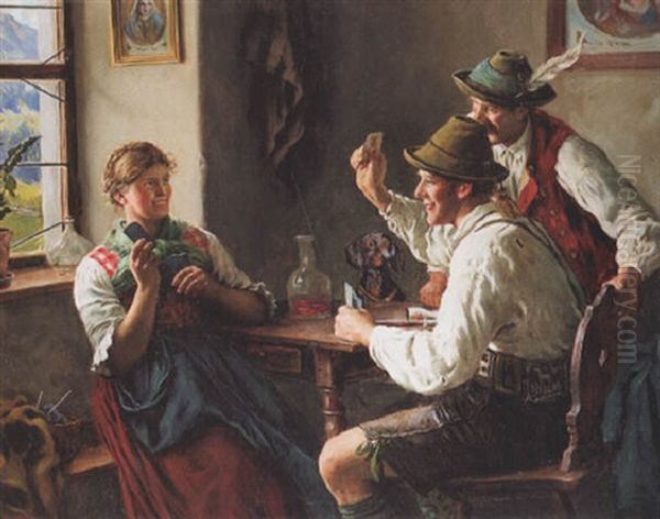 Dirndl Und Zwei Burschen In Der Stube Beim Kartenspiel Oil Painting by Emil Rau