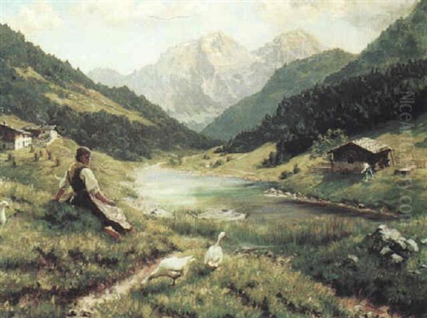 Ganseliesl Im Gebirgstal Oil Painting by Emil Rau