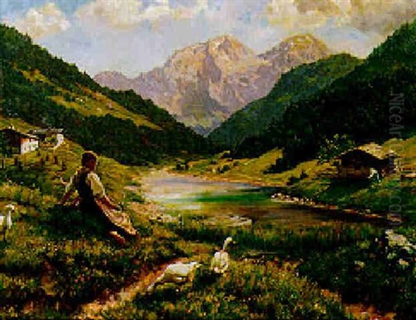 A Tyrolean Peasant Girl Gathering Flowers By A River In A Mountainous Landscape Oil Painting by Emil Rau