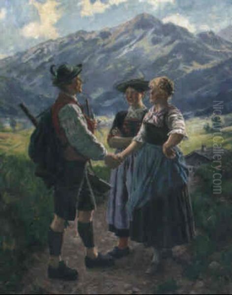 Ein Jager Und Zwei Dirndl Auf Dem Weg Am Hang Oil Painting by Emil Rau