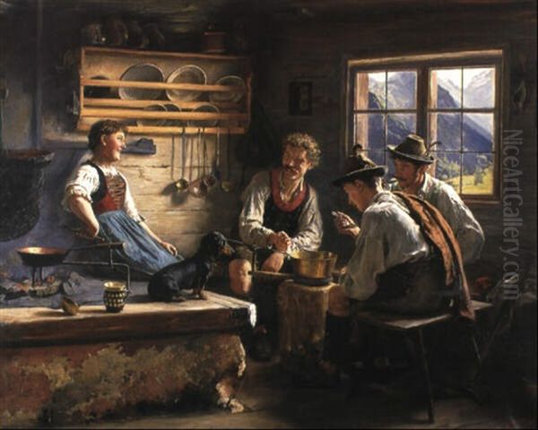 Frohliche Mahlzeit In Der Almhutte Oil Painting by Emil Rau