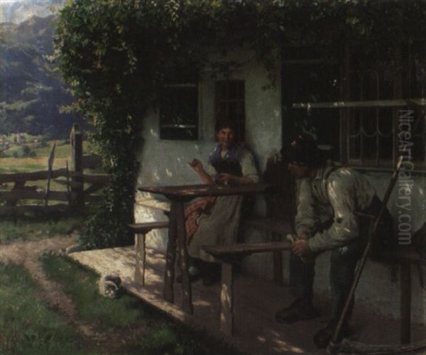 Im Schatten Eines Bauernhauses Sitzt Ein Junges Dirndl... Oil Painting by Emil Rau