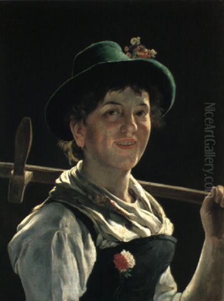 Portrait Of A Young Woman Carrying A Scythe Oil Painting by Emil Rau