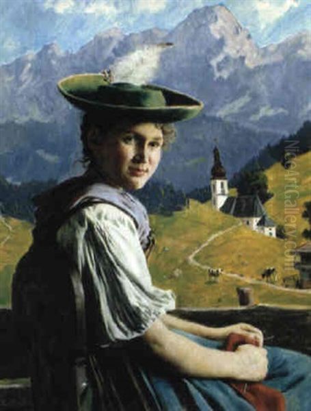 Junges Madchen Im Dirndl Strickt An Roter Socke Oil Painting by Emil Rau