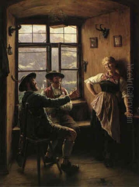 Dirndl Und Zwei Jager In Der Stube Oil Painting by Emil Rau