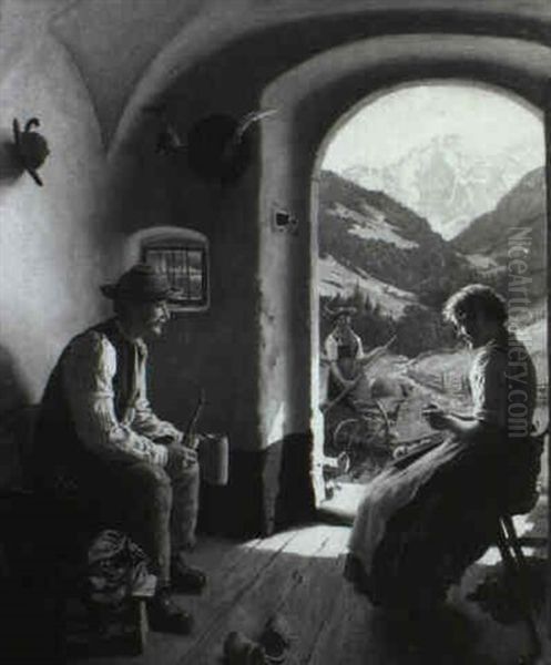 Tyrolean Courting Couple Oil Painting by Emil Rau