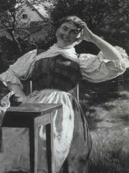 Immer Fleissig (ein Junges, Lachendes Dirndl Sitzt Bei      Naharbeiten Im Garten...) Oil Painting by Emil Rau