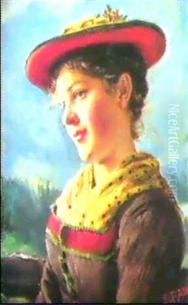 Dirndl In Tracht Und Mit Rotem Hut Oil Painting by Emil Rau