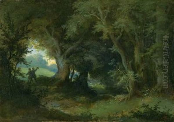 Zwei Wanderer In Waldiger Landschaft Oil Painting by Heinrich Woldemar Rau