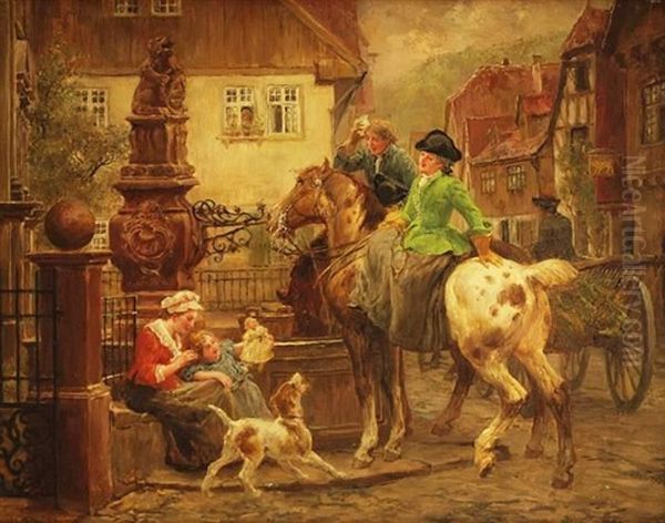 Vielfigurige Szene, Treffen Am Dorfbrunnen Oil Painting by Wilhelm Karl Raeuber