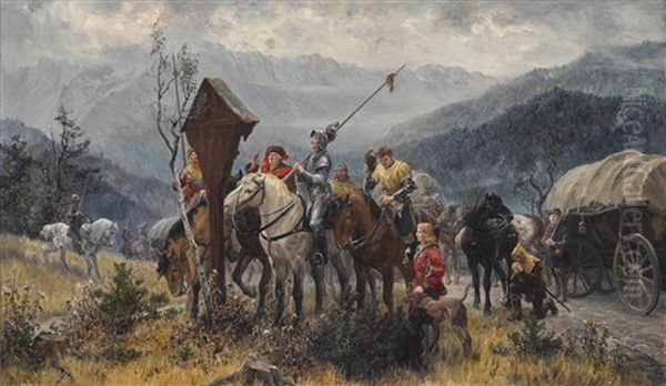 Landsknechte Am Wegkreuz Oil Painting by Wilhelm Karl Raeuber