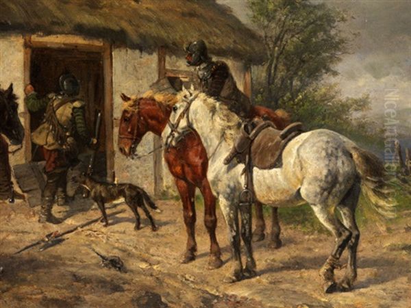 Soldaten Vor Einer Bauernhutte Oil Painting by Wilhelm Karl Raeuber