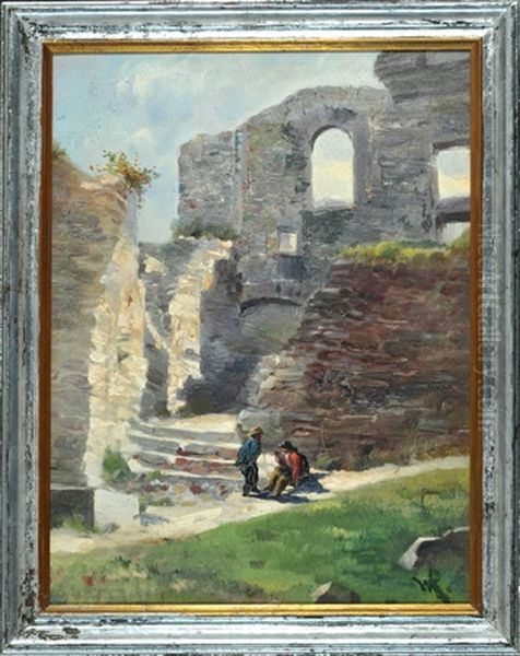 Burgruine Mit Rastenden Personen Oil Painting by Wilhelm Karl Raeuber