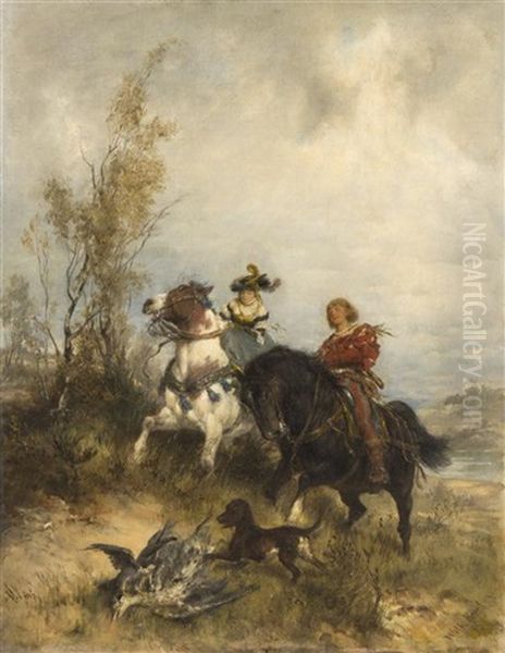 Horses And A Man Oil Painting by Wilhelm Karl Raeuber