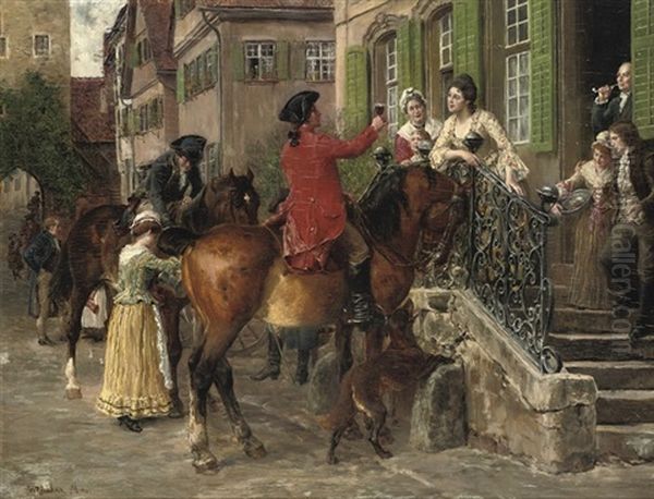 Der Satteltrunk: A Merry Toast On Arrival Oil Painting by Wilhelm Karl Raeuber