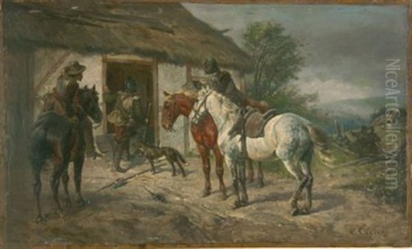 Soldaten Vor Einer Bauernhutte Oil Painting by Wilhelm Karl Raeuber