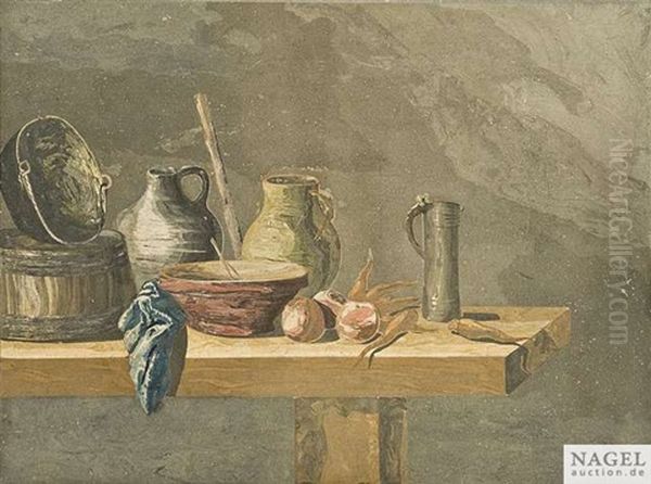 Zwei Kuchenstilleben Mit Vorratsgefasen, Fisch Und Gemuse (pair) Oil Painting by Jakob Rauch