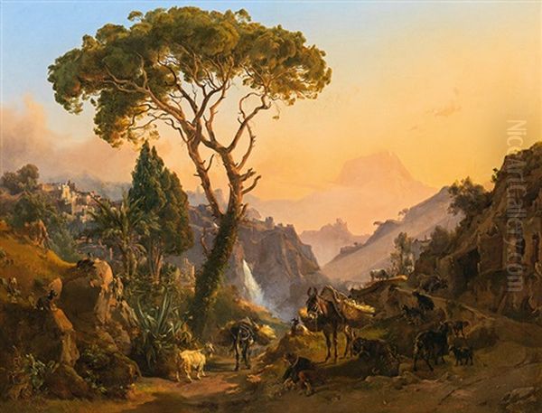 Italian Landscape With A Herd Of Goats Oil Painting by Johann Nepomuk Rauch