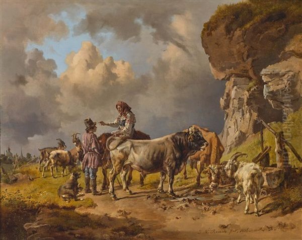 Russisches Bauernpaar Mit Vieh Am Brunnen Oil Painting by Johann Nepomuk Rauch