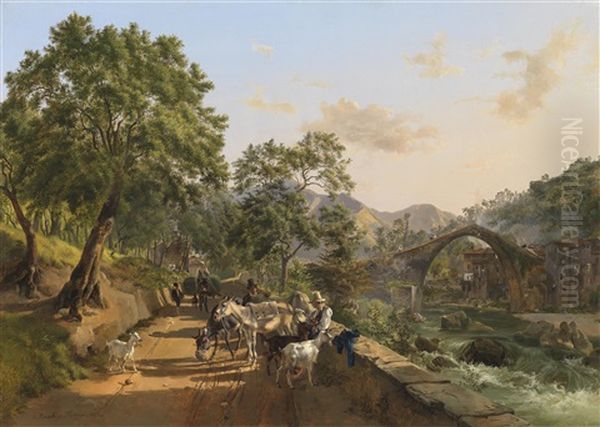 Rast An Der Landstrasse (brucke Von Loro Ciuffena, Arezzo) Oil Painting by Johann Nepomuk Rauch