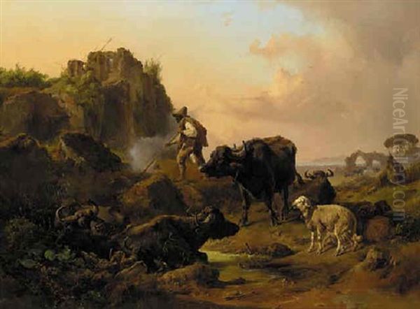 A Neatherd With His Animals Oil Painting by Johann Nepomuk Rauch