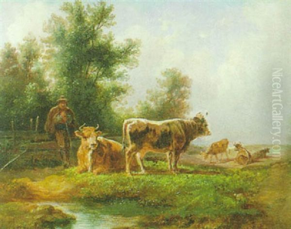 Kuhherde Mit Hirte In Einer Landschaft Oil Painting by Johann Nepomuk Rauch