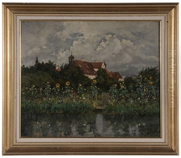 Town And Garden With Sunflowers By A Pond, 1894 Oil Painting by Robert Raudner