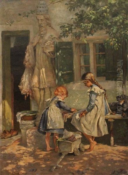 Children Playing Oil Painting by Friedrich (Fritz) Raupp