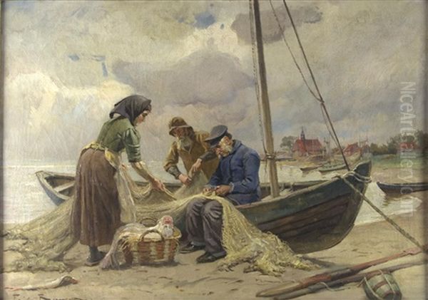 Fischer Am Ufer Beim Flicken Der Netze Oil Painting by Friedrich (Fritz) Raupp