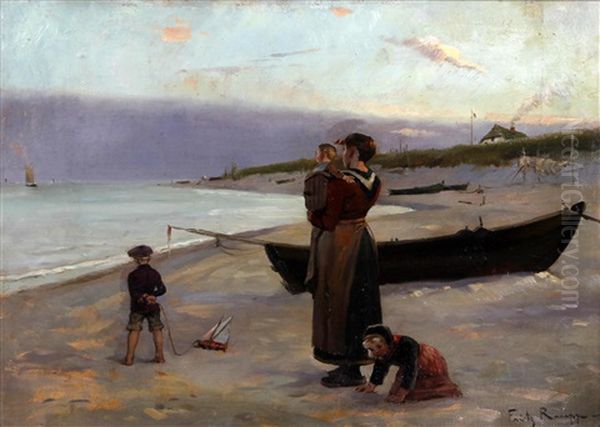 Woman And Children On Beach Awaiting The Fisherman's Return Oil Painting by Friedrich (Fritz) Raupp