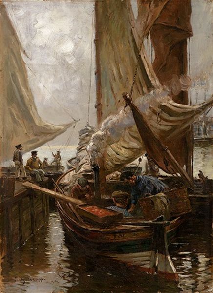 Fischerboote Im Hafen Mit Figurenstaffage Oil Painting by Friedrich (Fritz) Raupp