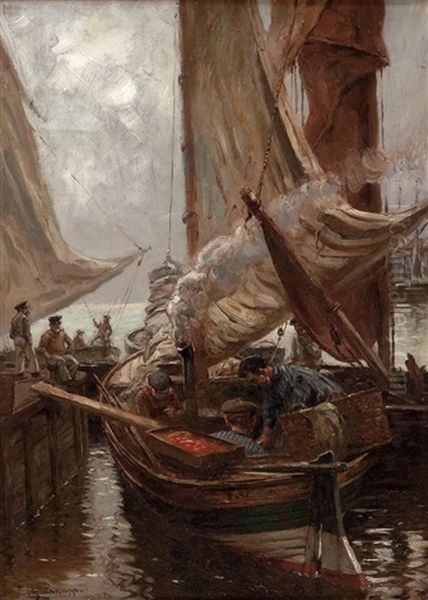 Fischer Im Hafen Oil Painting by Friedrich (Fritz) Raupp