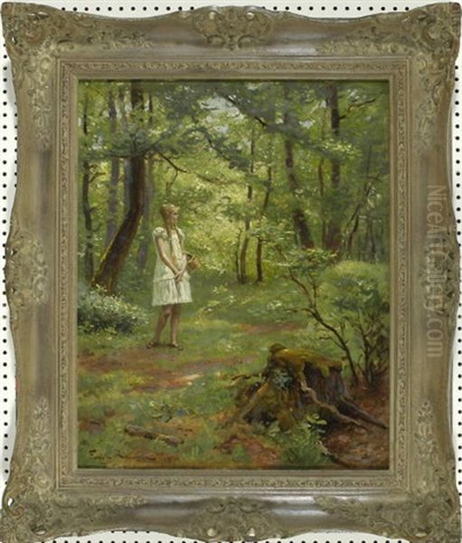 Madchen Im Weisen Kleid Mit Korb Im Sommerlich Grunen Wald Stehend Oil Painting by Friedrich (Fritz) Raupp